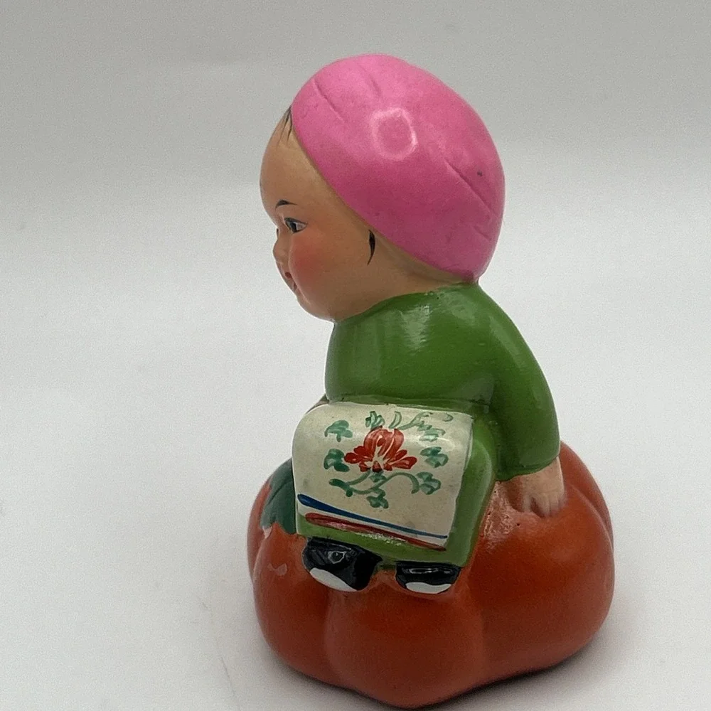 Vintage Ceramic Figurine Pencil Sharpener Asian Child on Pumpkin 1950s–70s Japan